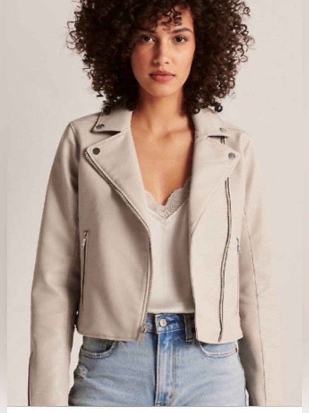 Women’s Beige Abercrombie and Fitch vegan leather moto jacket Large